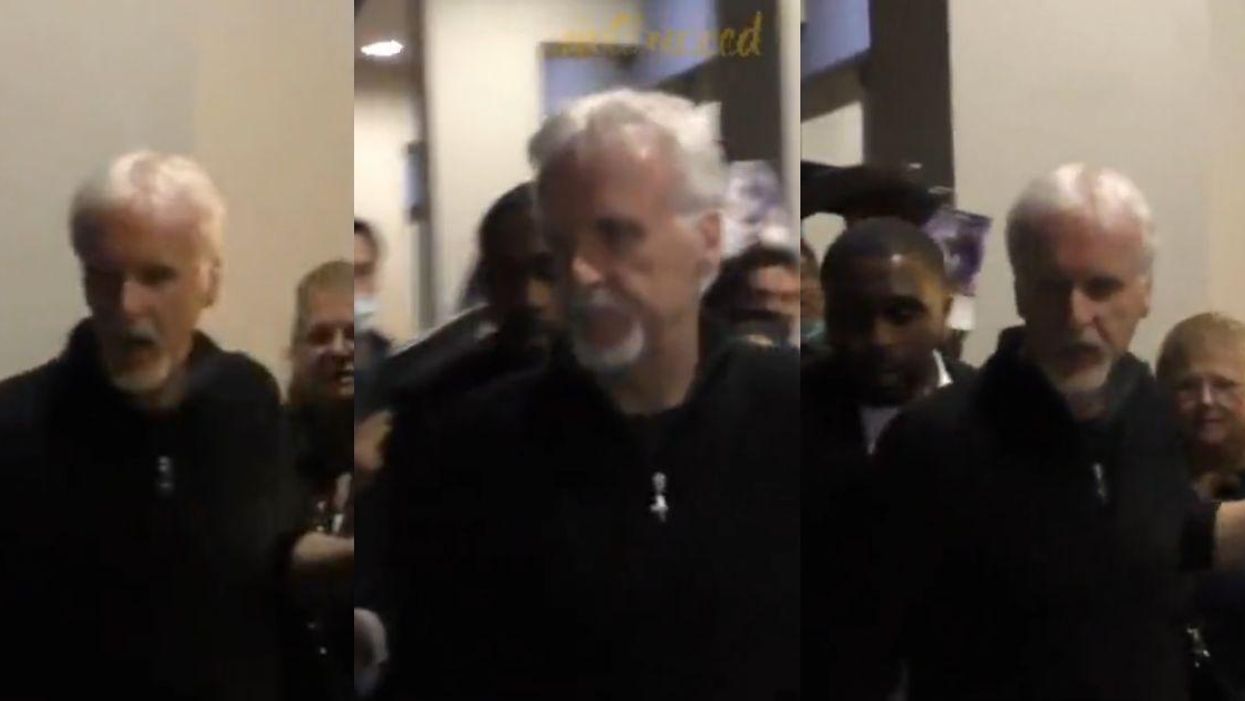 Screenshots of James Cameron leaving a theater