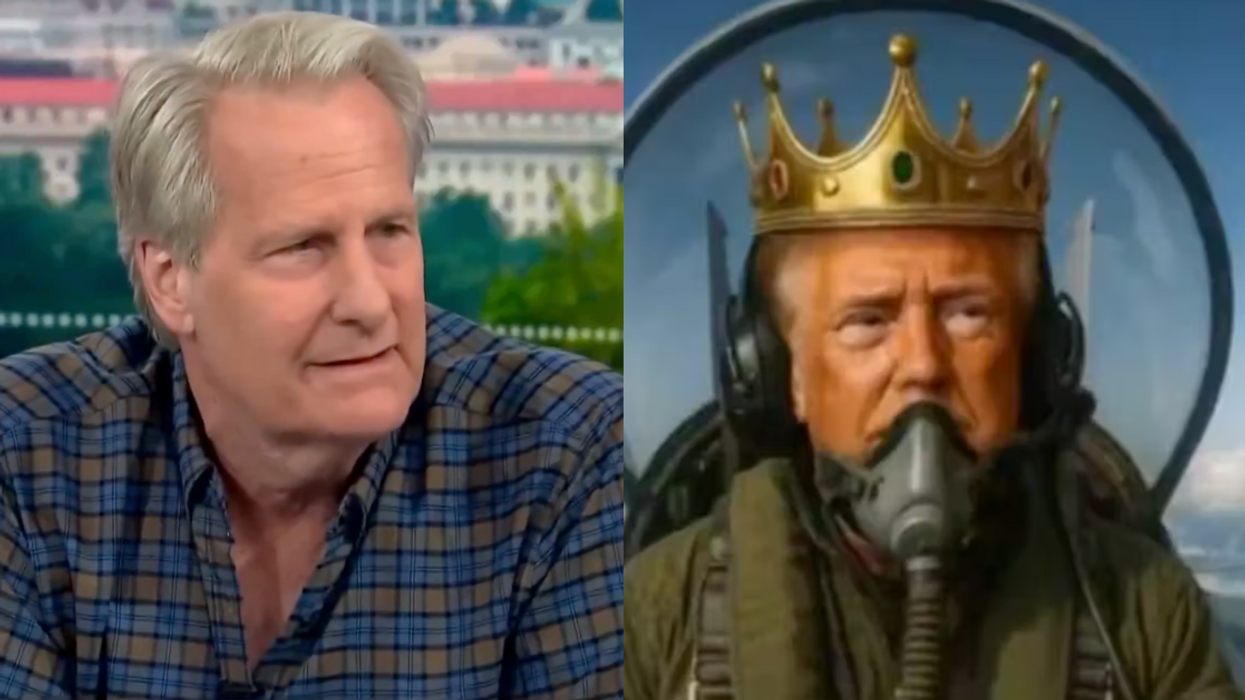 Screenshots of Jeff Daniels and an AI-generated "King Trump" in fighter jet