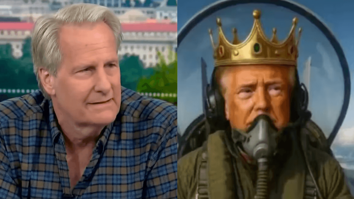 Screenshots of Jeff Daniels and an AI-generated "King Trump" in fighter jet