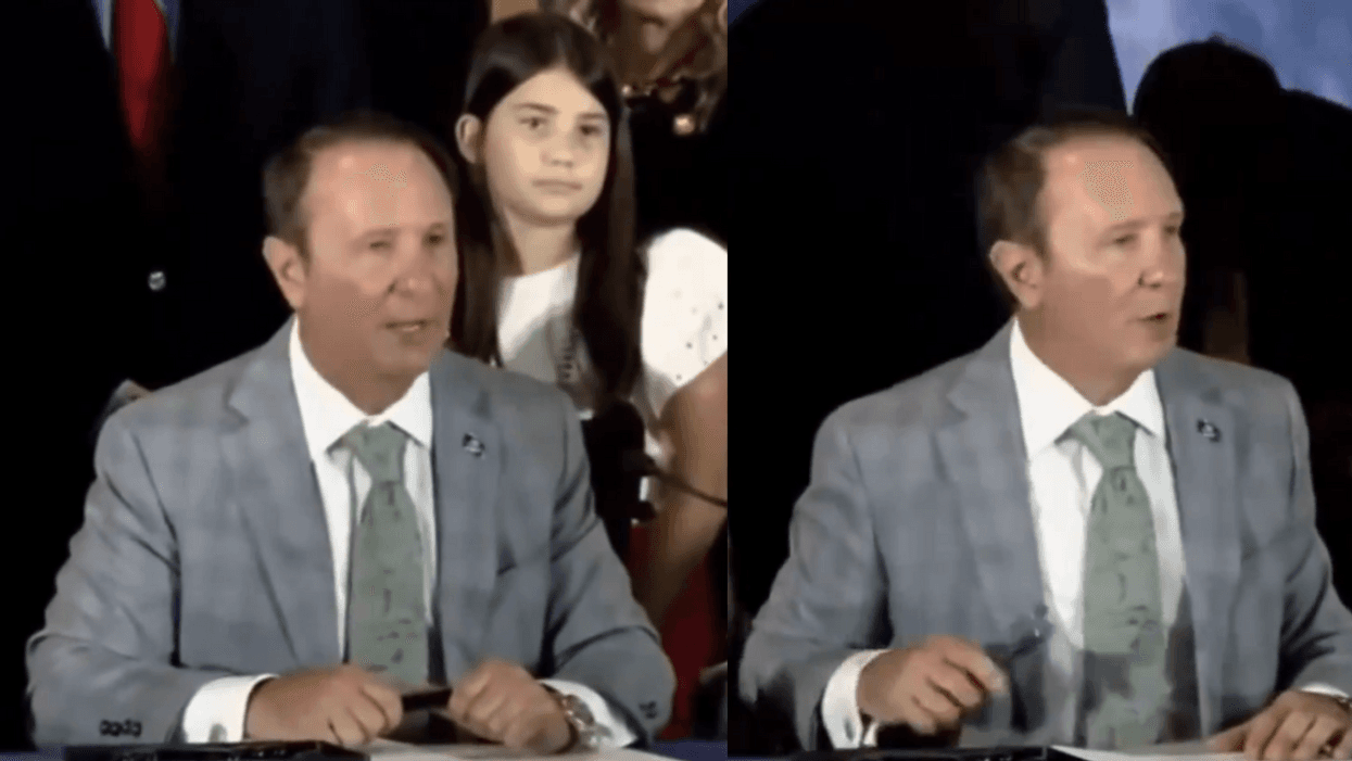 Screenshots of Jeff Landry before and after a young girl behind him fainted