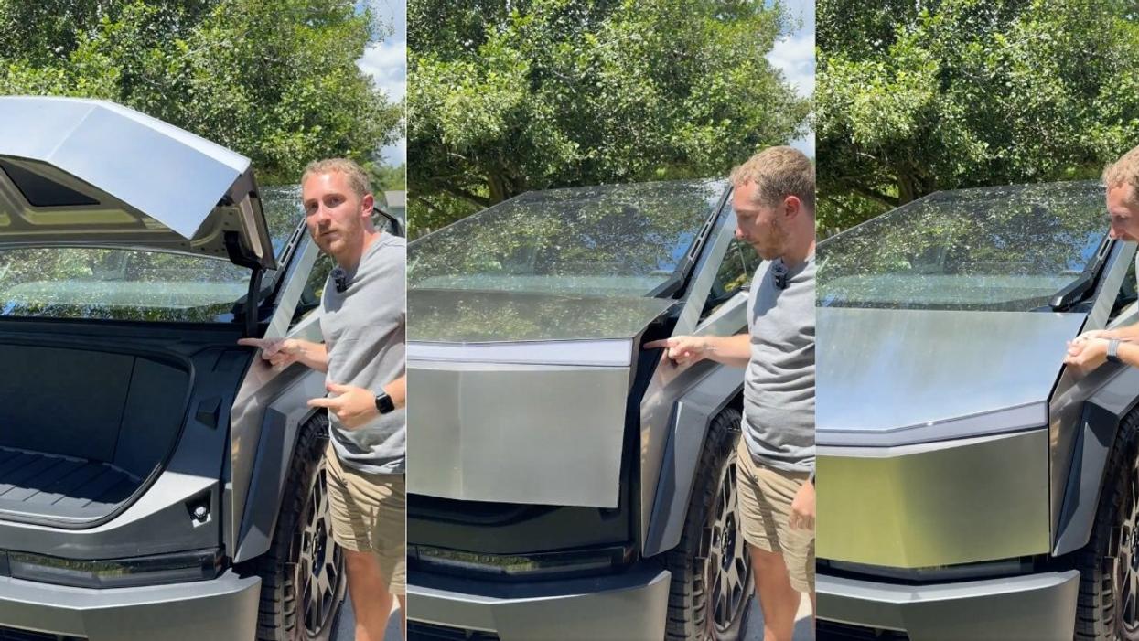 Screenshots of Jeremy Judkins testing out the CyberTruck's frunk censor
