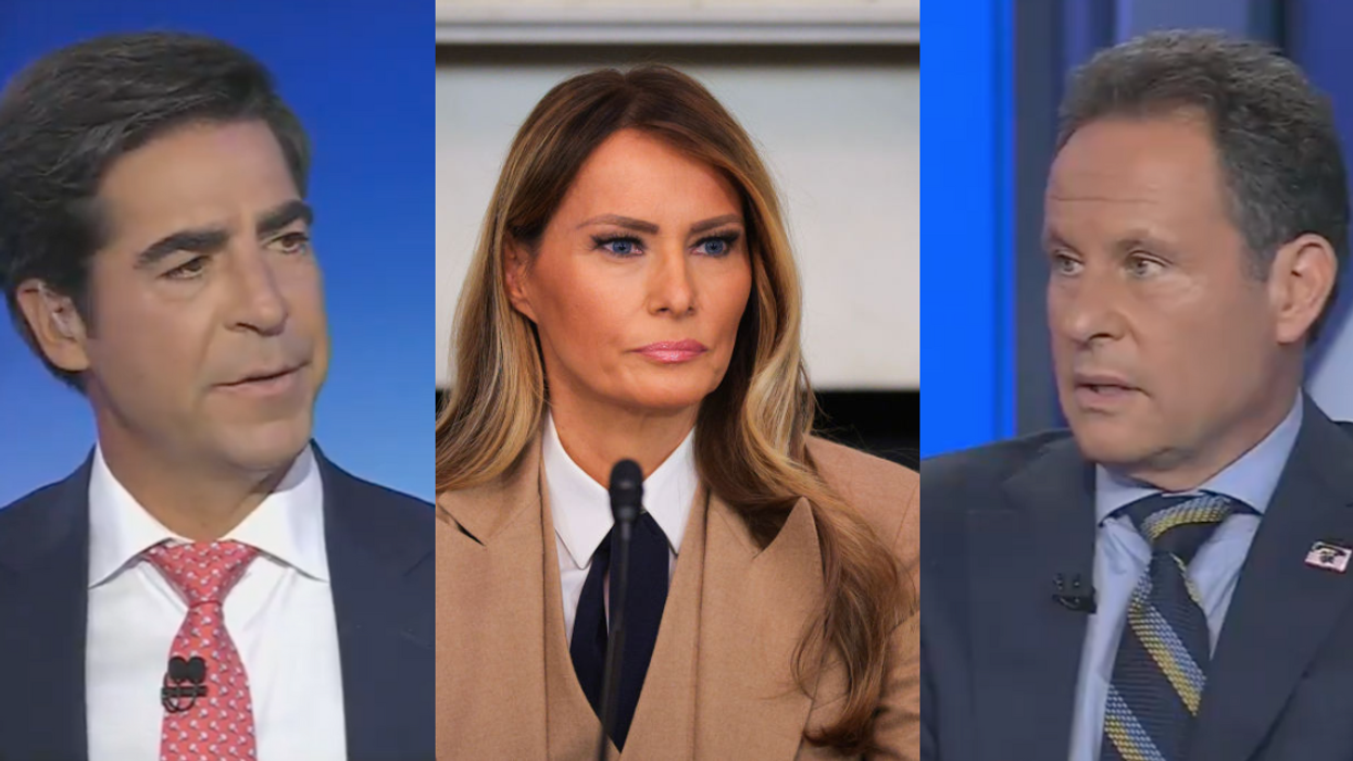 Screenshots of Jesse Watters and Brian Kilmeade (left and right); Melania Trump (center)