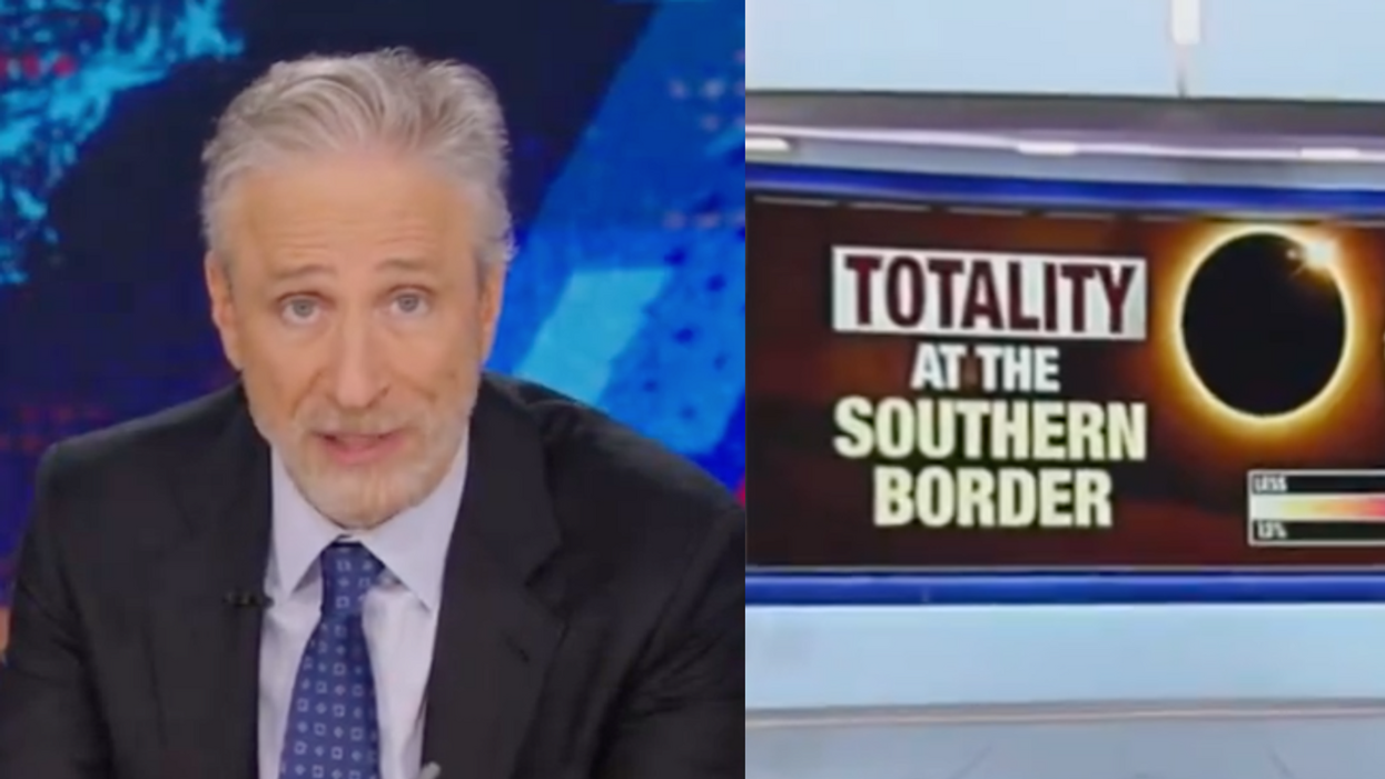 Screenshots of Jon Stewart and Fox News segment tying eclipse to illegal immigration