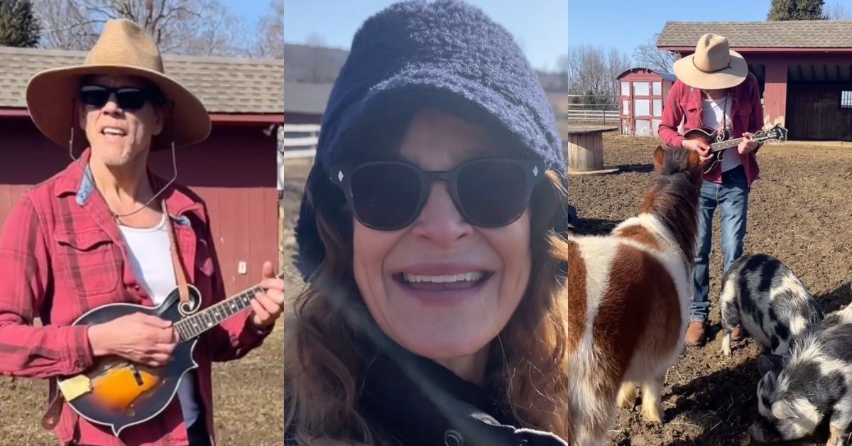 Screenshots of Kevin Bacon and Kyra Sedgwick with farm animals