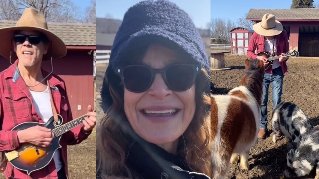 Screenshots of Kevin Bacon and Kyra Sedgwick with farm animals