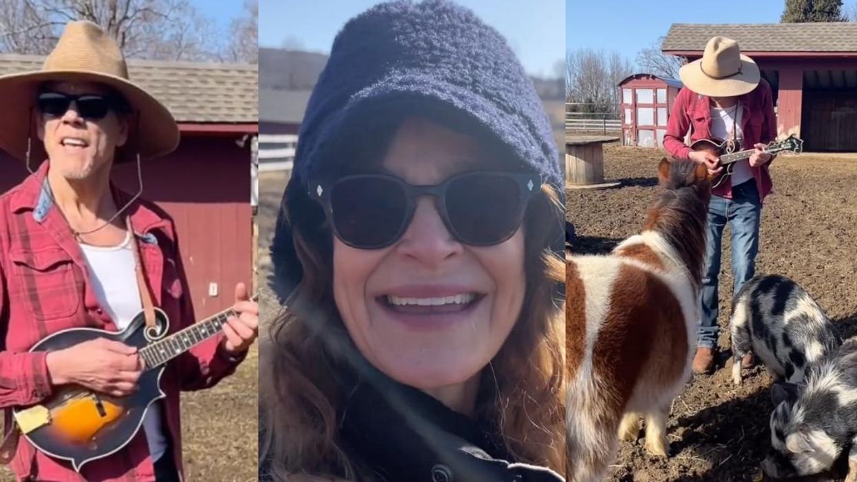 Screenshots of Kevin Bacon and Kyra Sedgwick with farm animals
