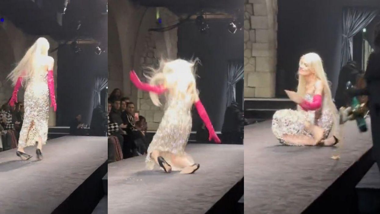 Screenshots of Kristen McMenamy falling on the runway