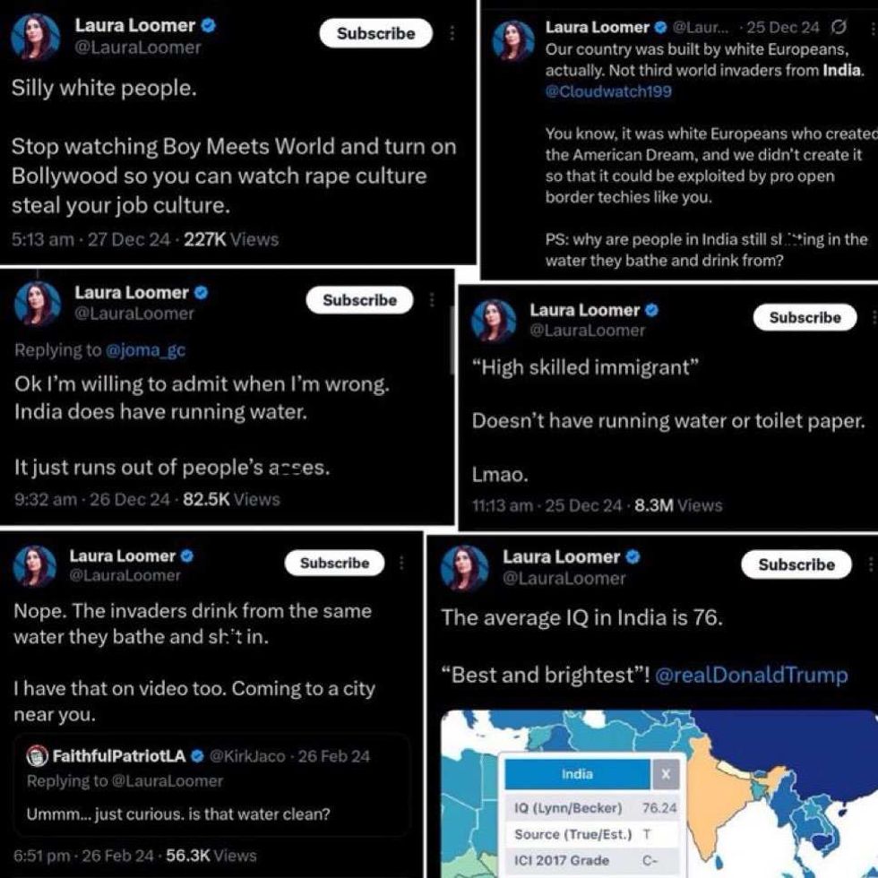 Screenshots of Laura Loomers past racist anti-Indian tweets