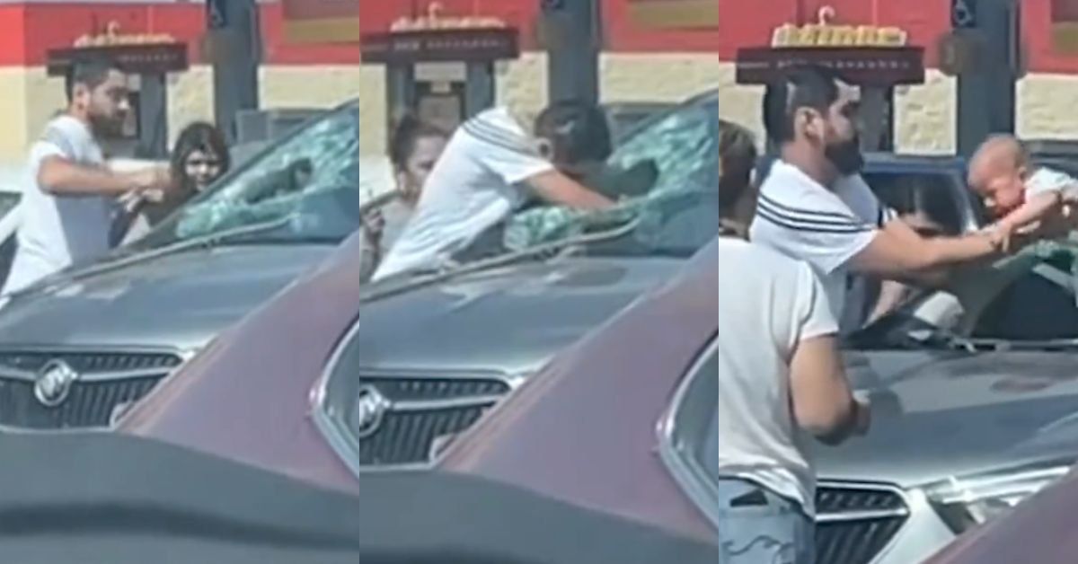 Screenshots of man breaking through car windshield and retrieving a baby