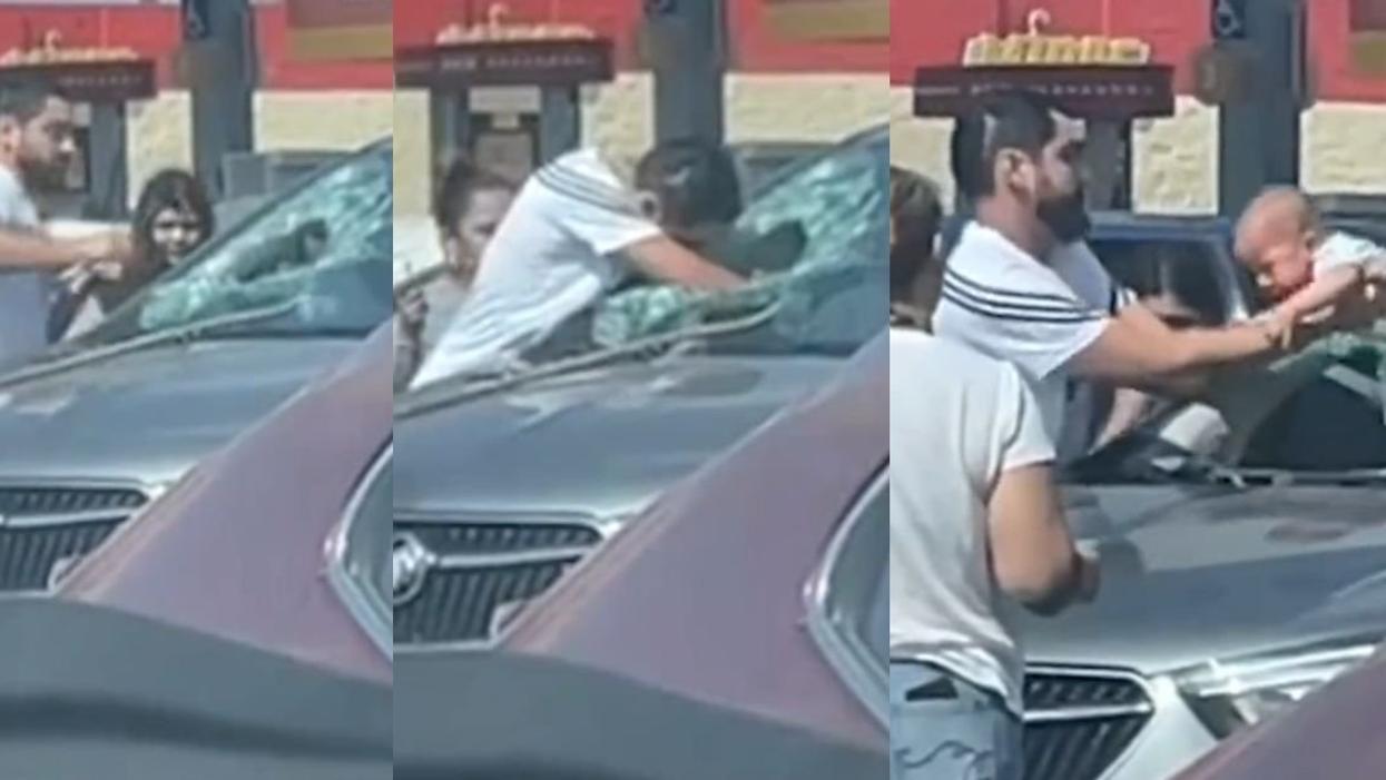Screenshots of man breaking through car windshield and retrieving a baby