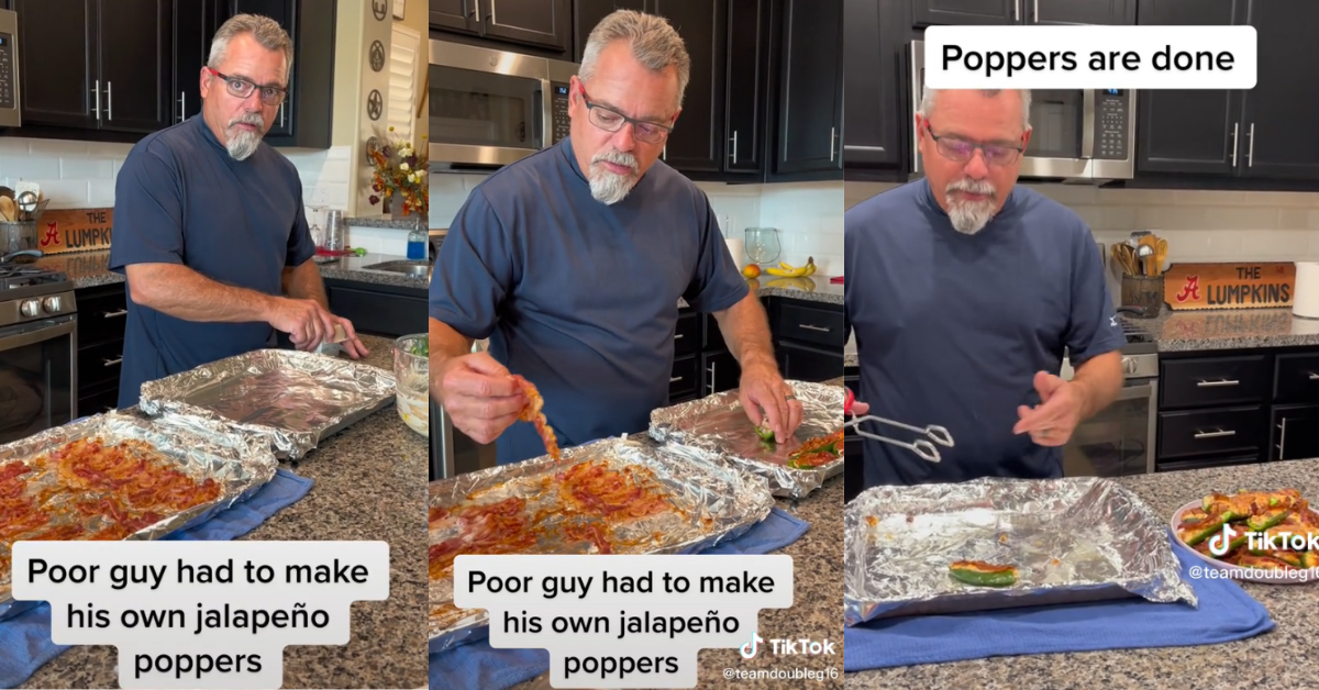 screenshots of man complaining on TikTok about cooking jalapeño poppers for himself