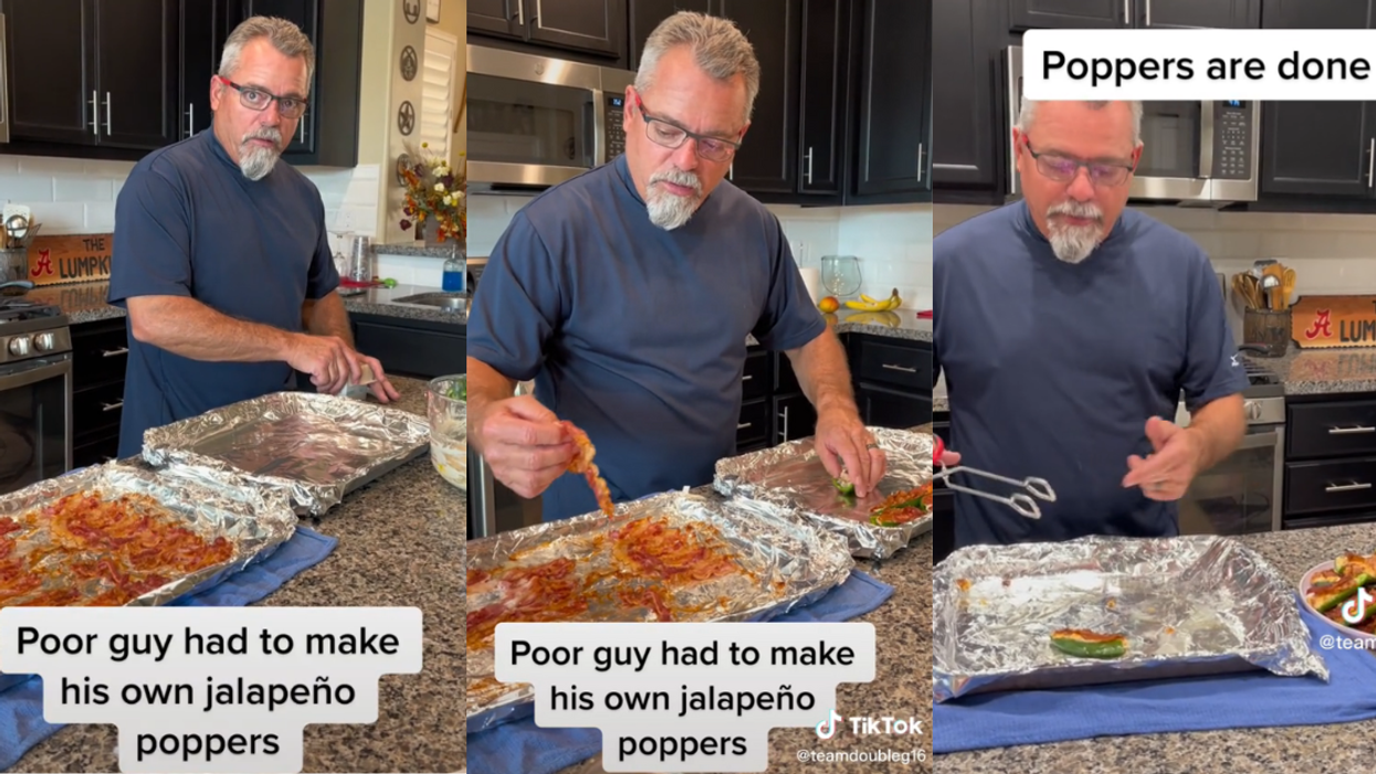 screenshots of man complaining on TikTok about cooking jalapeño poppers for himself
