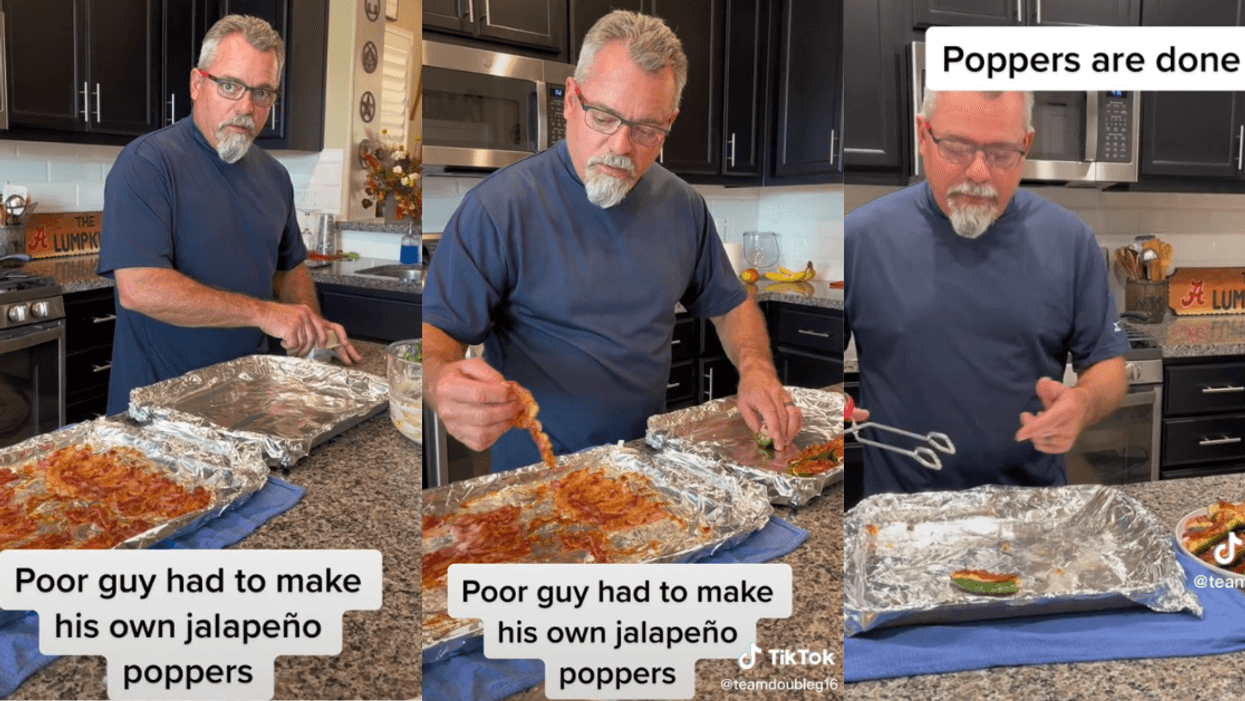 screenshots of man complaining on TikTok about cooking jalapeño poppers for himself