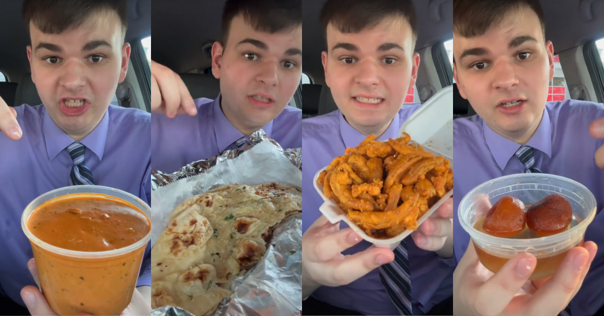 Screenshots of man trying Indian food for the first time