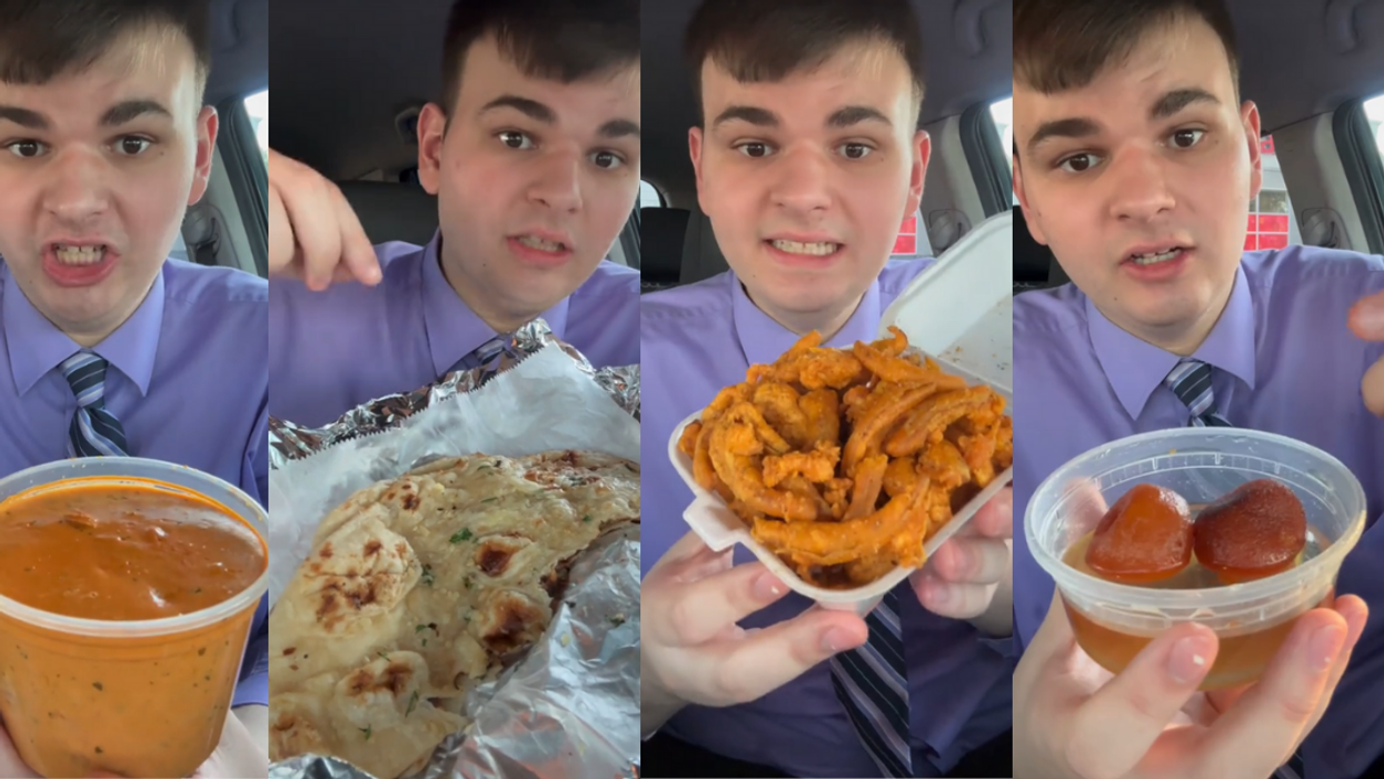 Screenshots of man trying Indian food for the first time