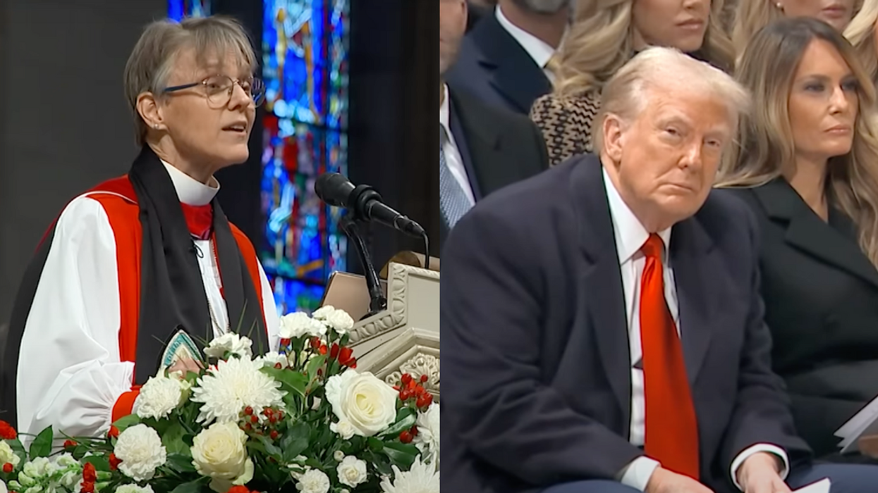 Screenshots of Mariann Edgar Budde and Donald and Melania Trump with family behind them