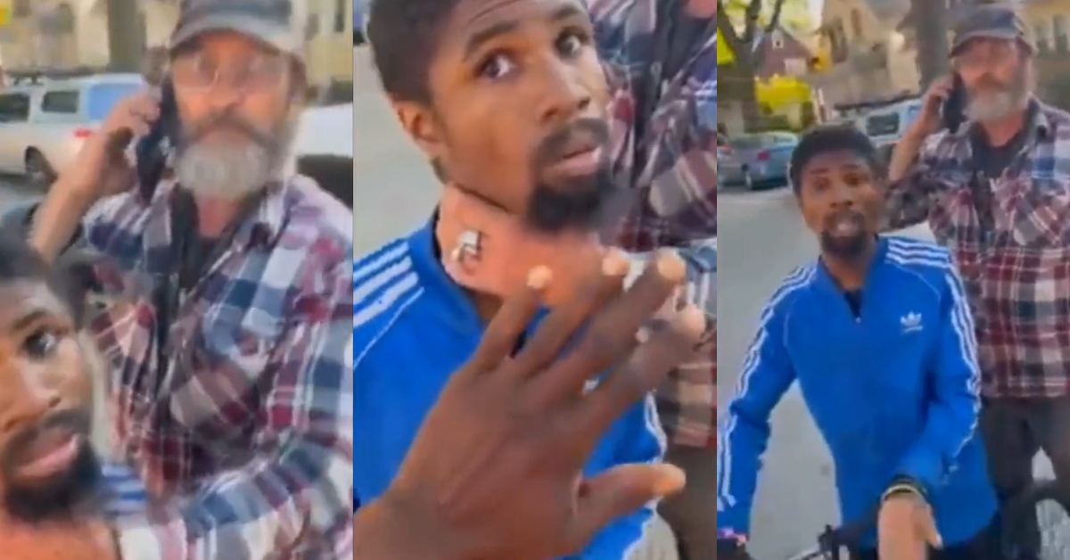 screenshots of Milwaukee man grabbing younger man on bike by throat