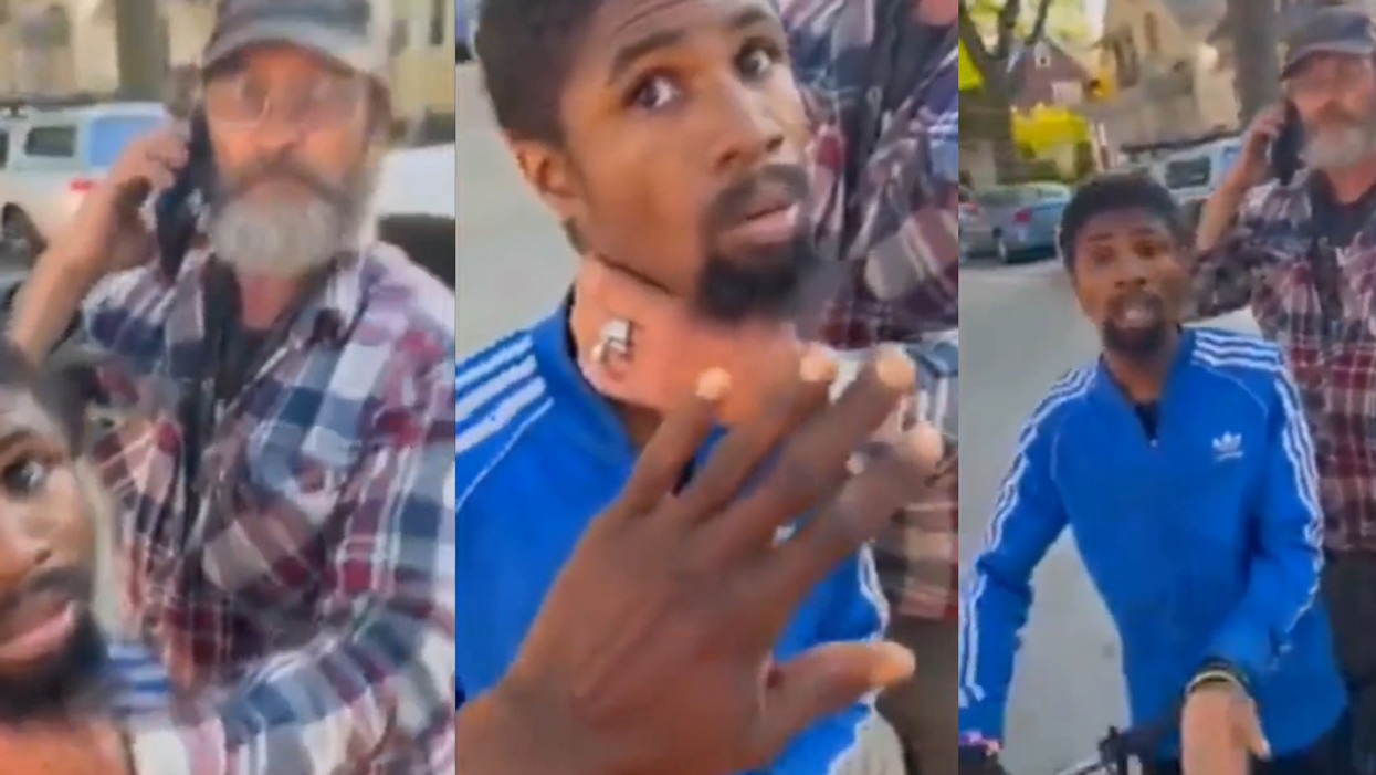 screenshots of Milwaukee man grabbing younger man on bike by throat