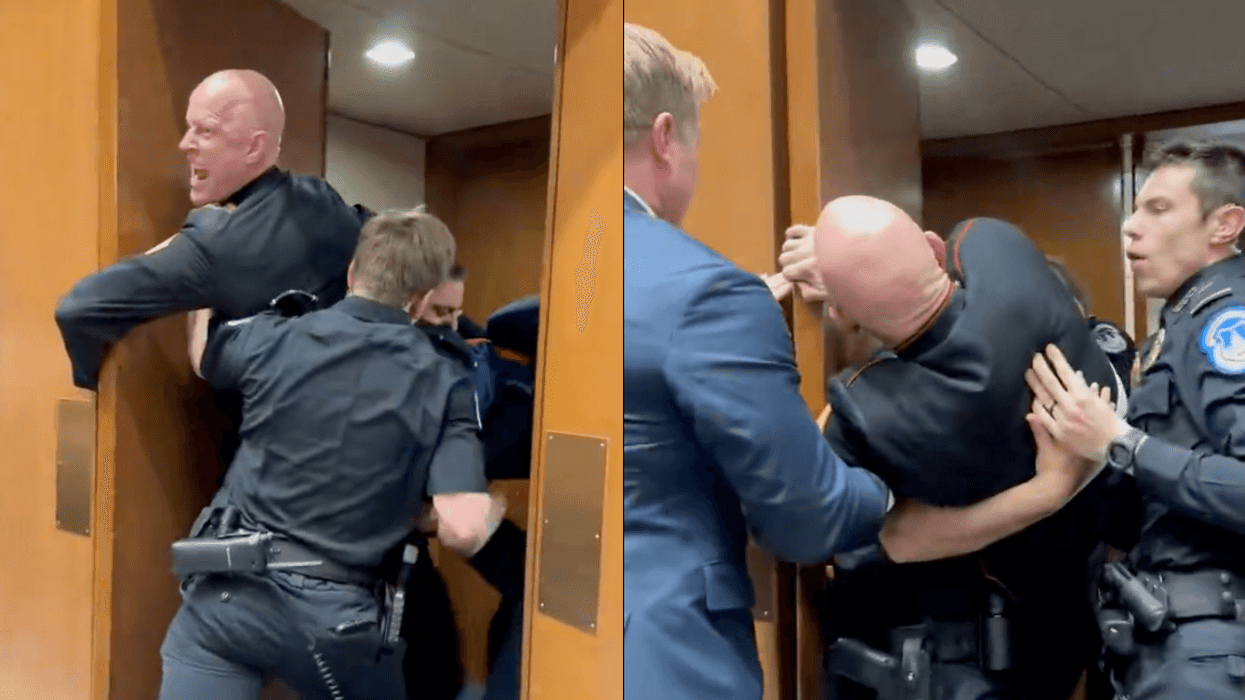 Screenshots of moments when Brian McGinnis was dragged out of a hearing by Capitol Police and Tim Sheehy