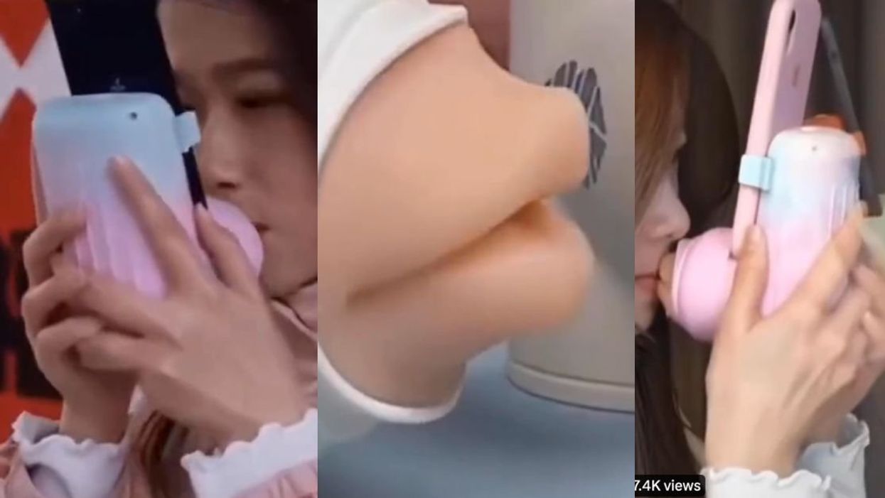 Screenshots of people using the kissing device