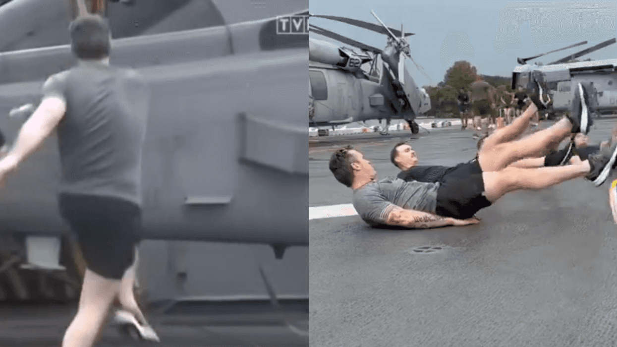 Screenshots of Pete Hegseth attempting a grapevine workout with Navy members