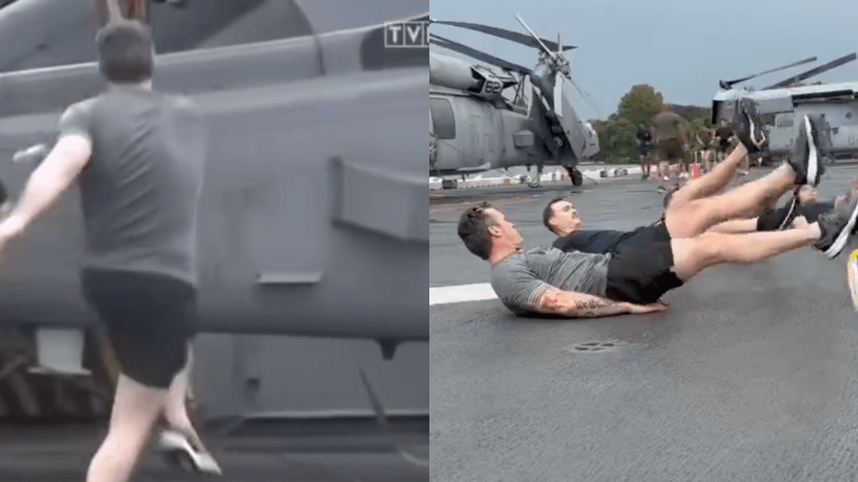 Screenshots of Pete Hegseth attempting a grapevine workout with Navy members
