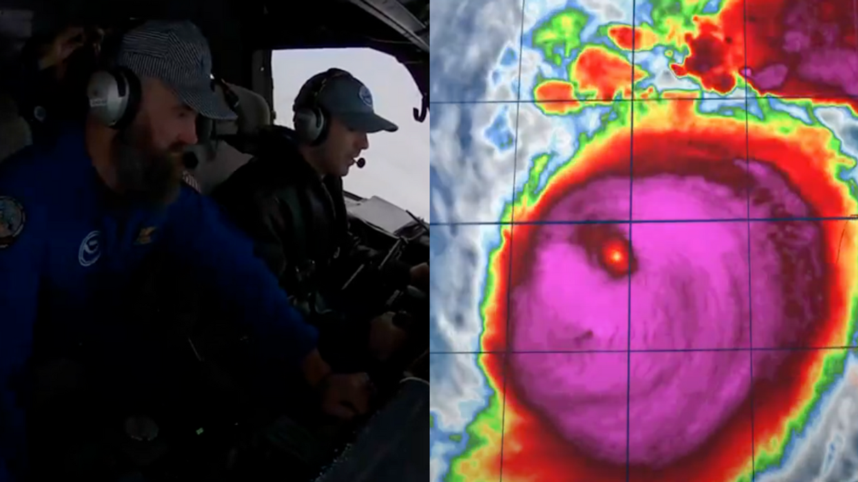 Screenshots of pilots in "Miss Piggy" and the eye of Hurricane Milton