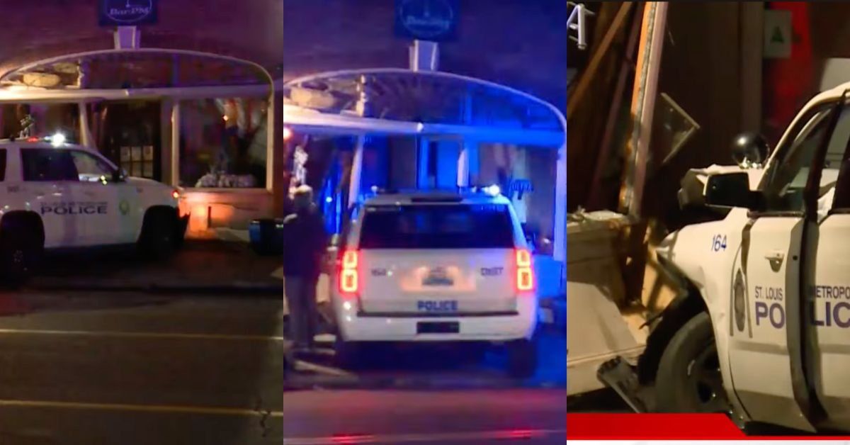 Screenshots of police vehicle after crashing into a LGBBTQ+ bar in St. Louis