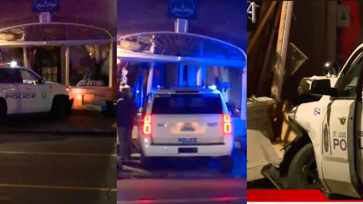 Screenshots of police vehicle after crashing into a LGBBTQ+ bar in St. Louis