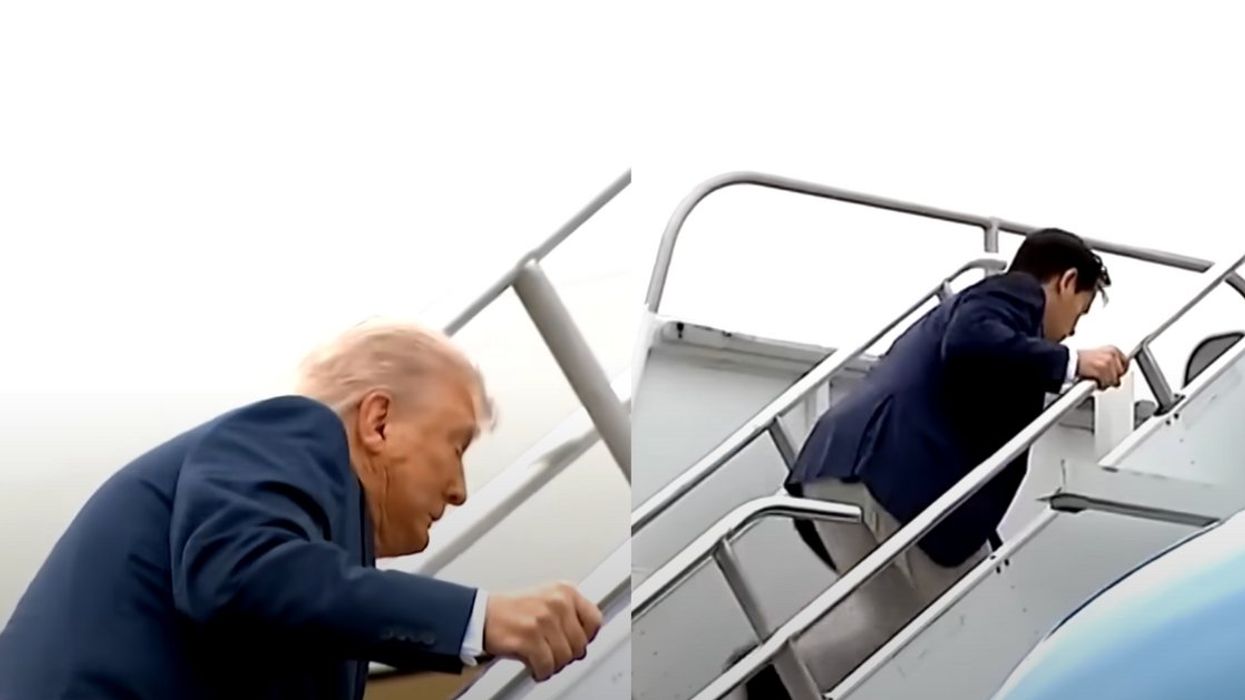 Screenshots of President Donald Trump and Marcio Rubio tripping on the stairs while boarding Air Force One