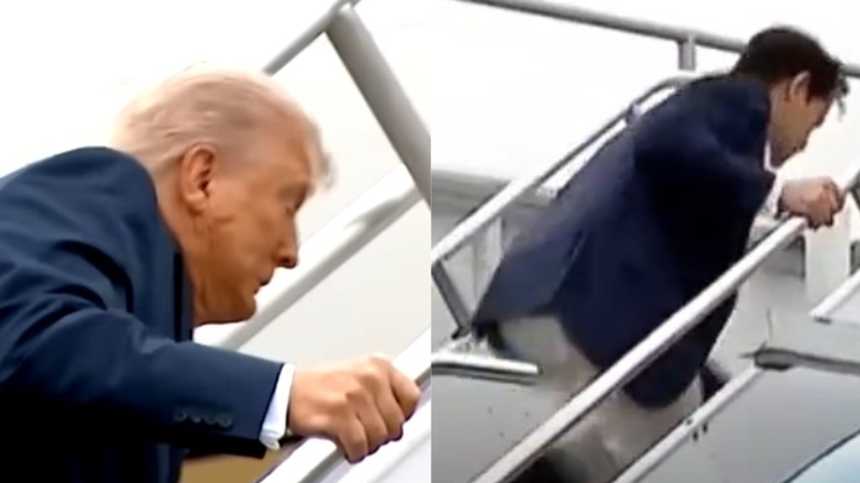 Screenshots of President Donald Trump and Marcio Rubio tripping on the stairs