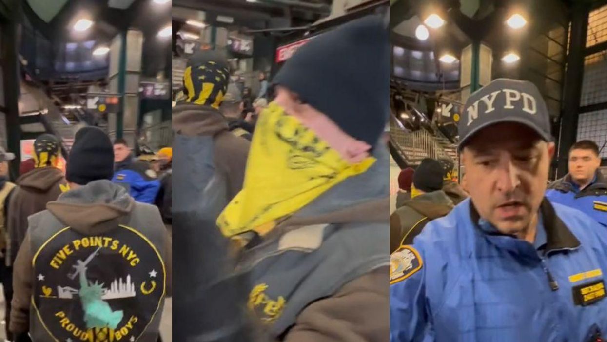 Screenshots of Proud Boys members entering a New York subway station