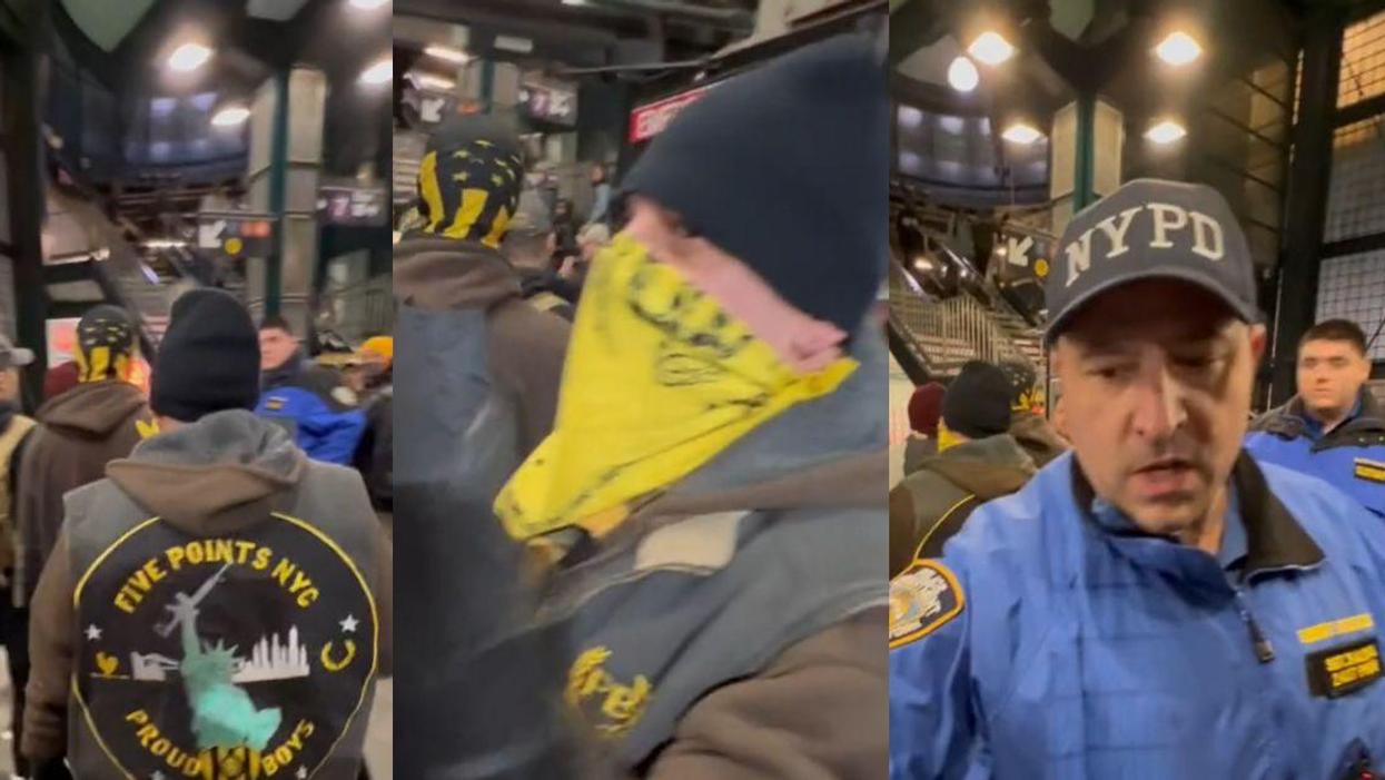 Screenshots of Proud Boys members entering a New York subway station