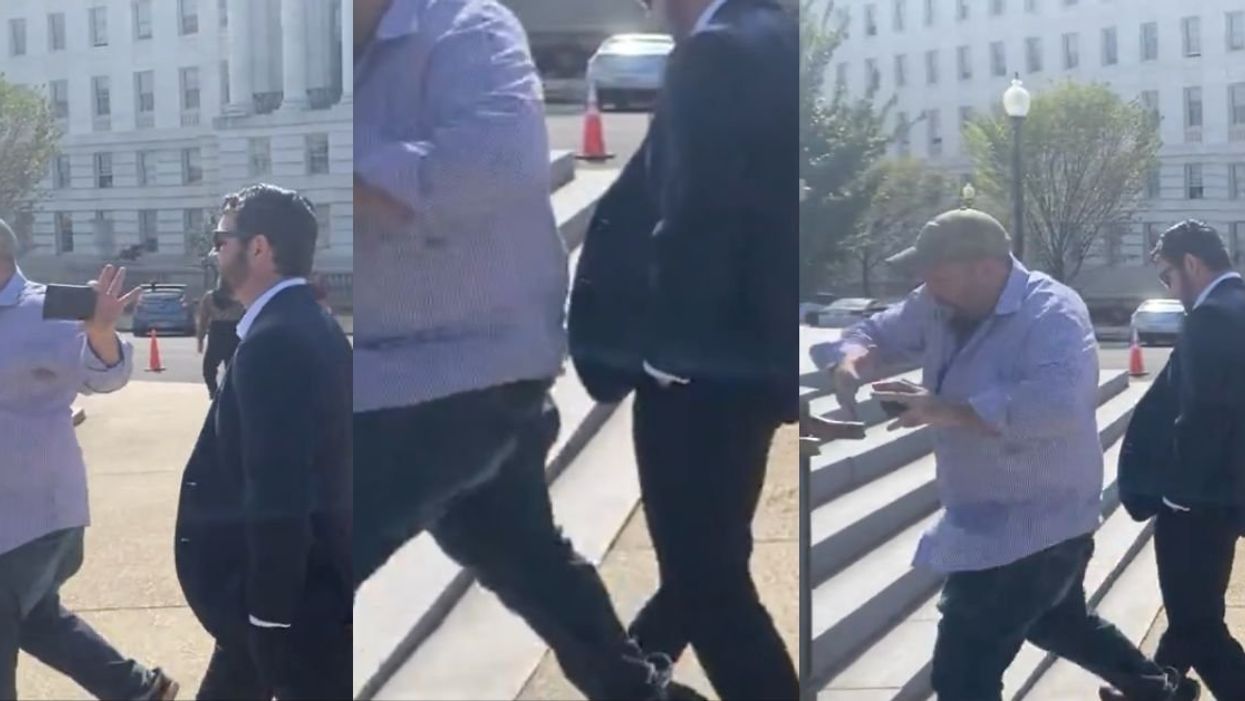 Screenshots of Rep. Dan Crenshaw appearing to trip an alt-right journalist