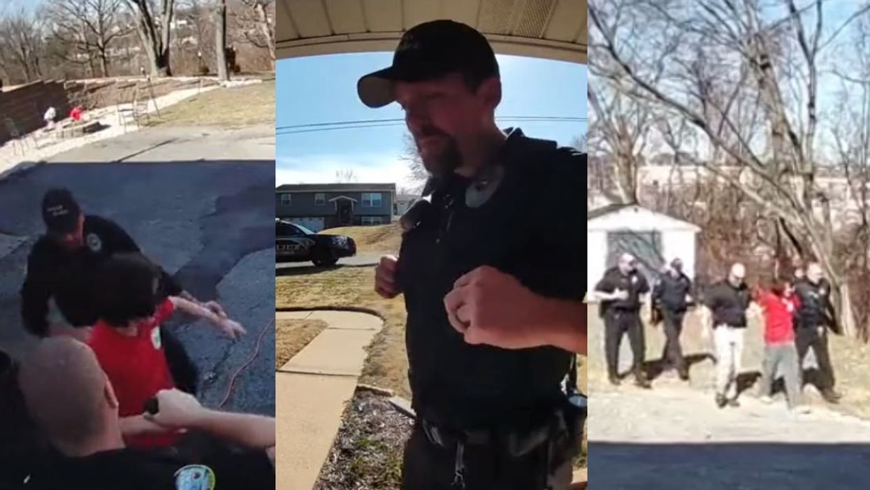 Screenshots of Ring footage showing police apprehending a suspect