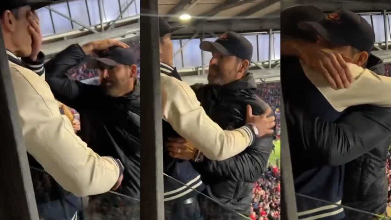 Screenshots of Ryan Reynolds and Rob McElhenney sharing celebratory hug