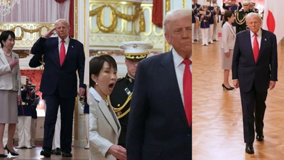 Screenshots of Sanae Takaichi and Donald Trump at honor guard ceremony in Tokyo, Japan