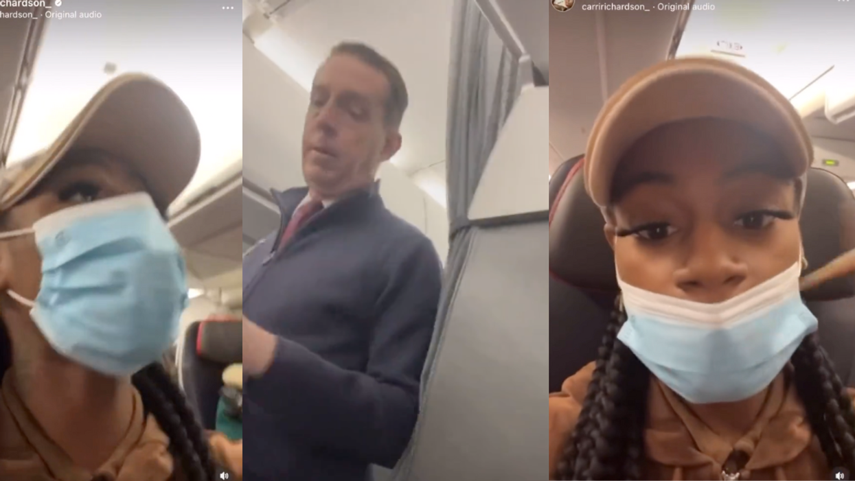 Screenshots of Sha'Carri Richardson and flight attendant