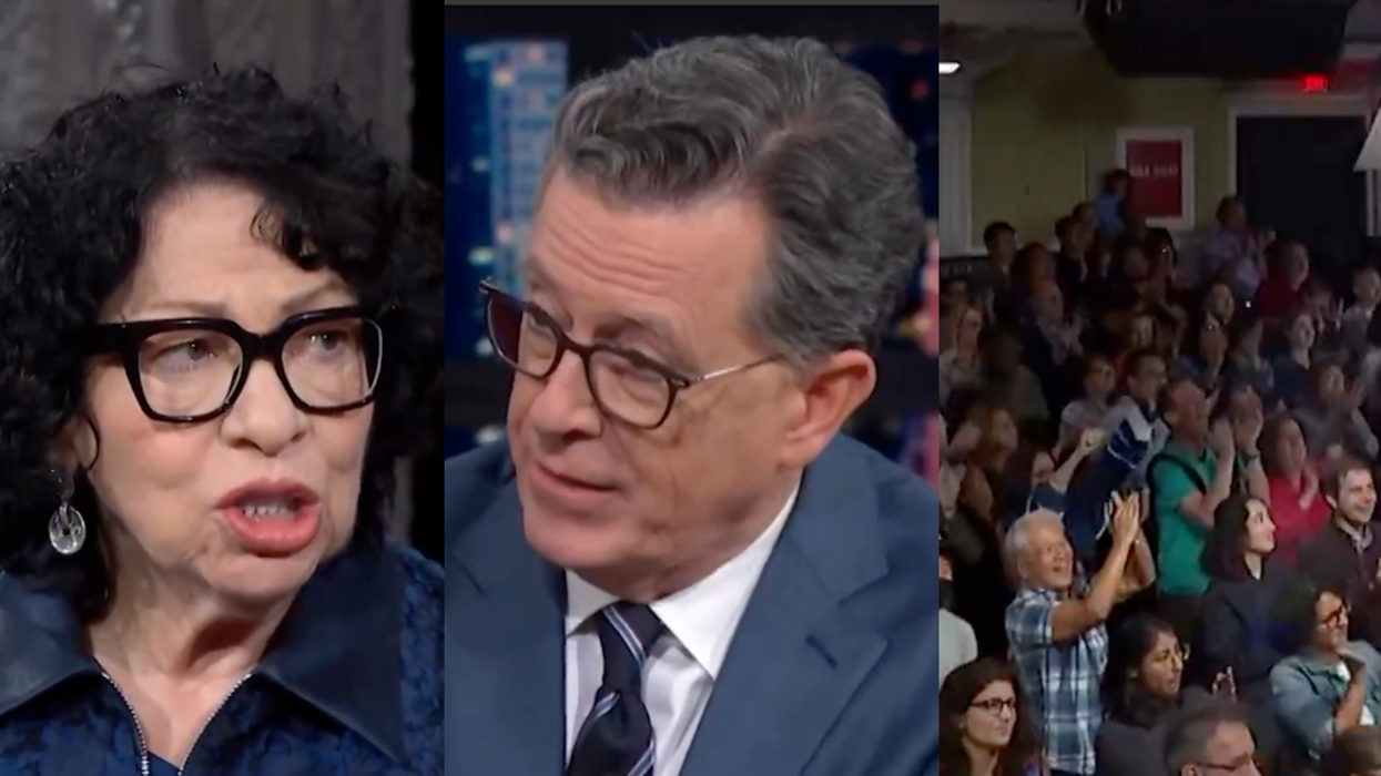 Screenshots of Sonia Sotomayor, Stephen Colbert, and crowd giving standing ovation