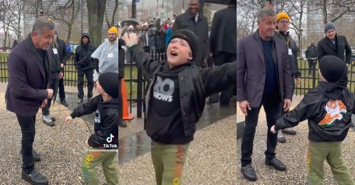 Screenshots of Sylvester Stallone with young fan from TikToker @roknowswrestling's video