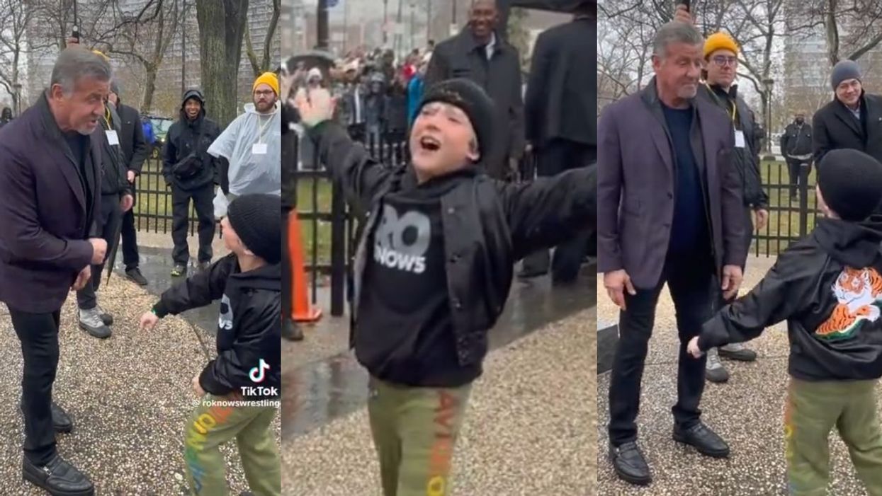 Screenshots of Sylvester Stallone with young fan from TikToker @roknowswrestling's video