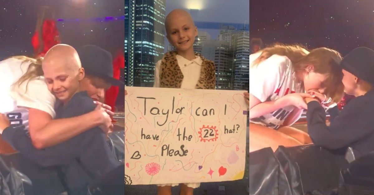 Screenshots of Taylor Swift hugging young cancer patient