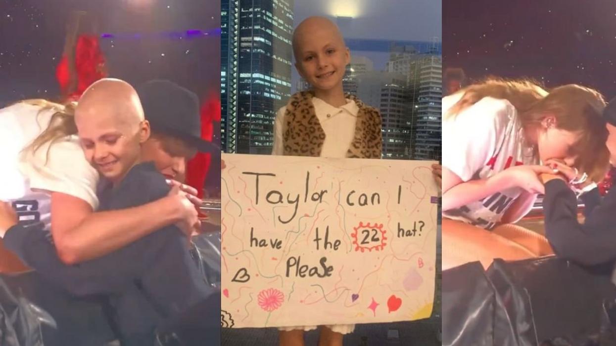 Screenshots of Taylor Swift hugging young cancer patient