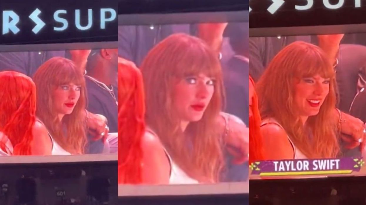 Screenshots of Taylor Swift on jumbtron at Super Bowl