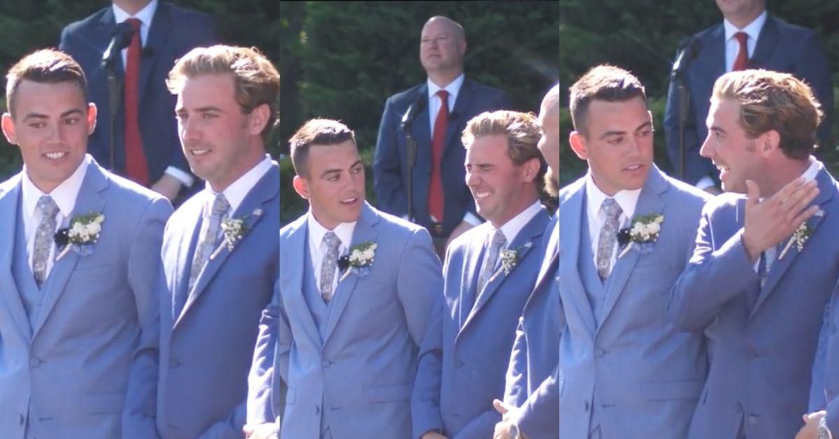 Screenshots of the groom and best man in the TikTok video by @chiolafilms