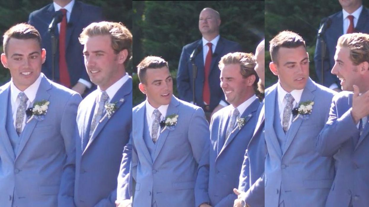 Screenshots of the groom and best man in the TikTok video by @chiolafilms