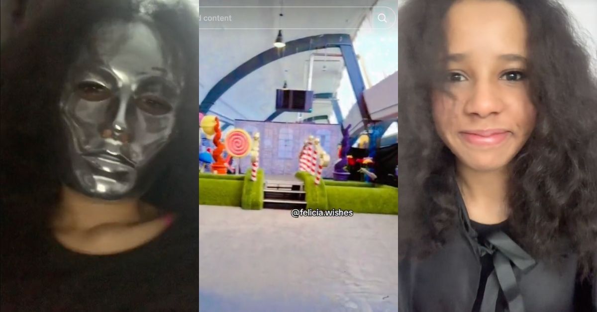 Screenshots of the masked and unmasked actor playing "The Unknown" in Wonka Experience