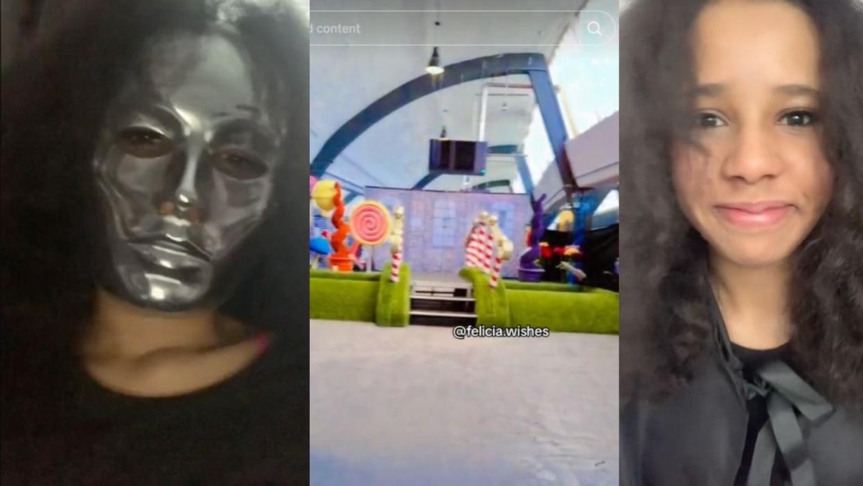 Screenshots of the masked and unmasked actor playing "The Unknown" in Wonka Experience
