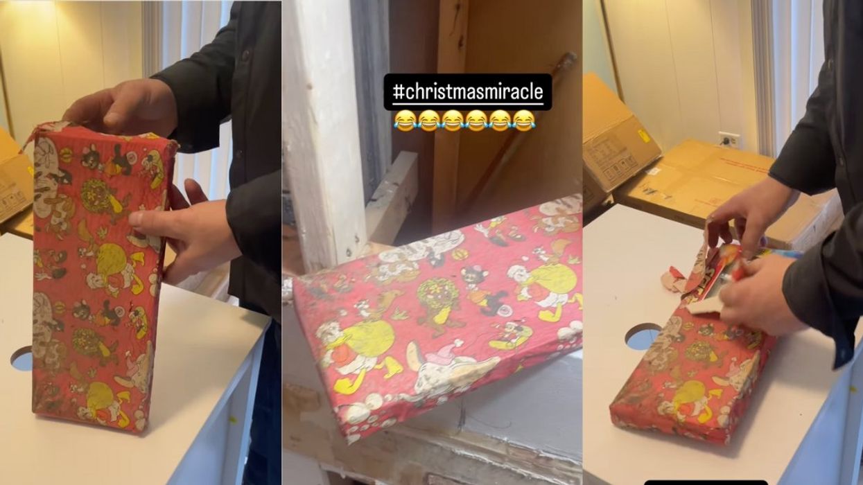 Screenshots of the present found in the walls being unwrapped