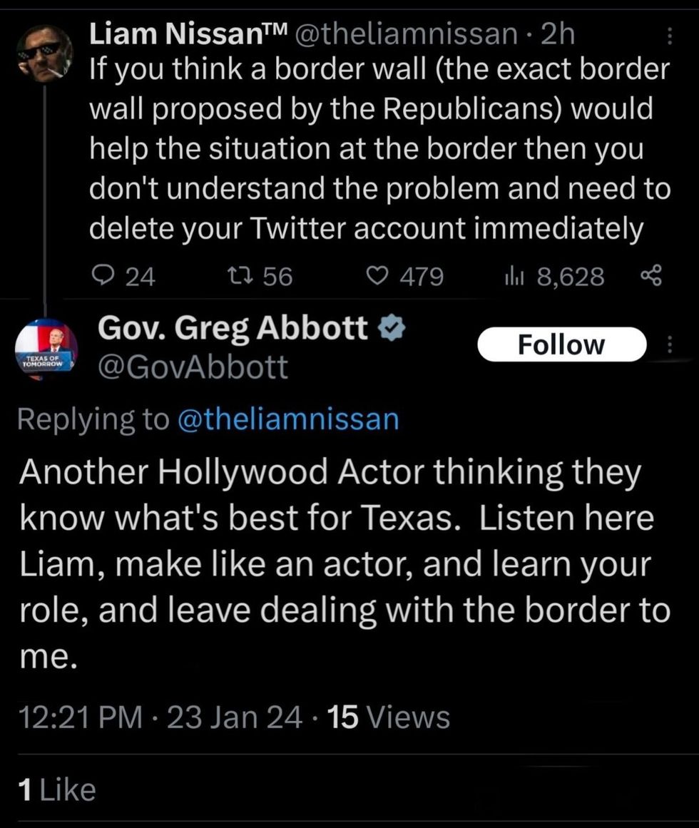 Screenshots of @theliamnissan's exchange with Greg Abbott